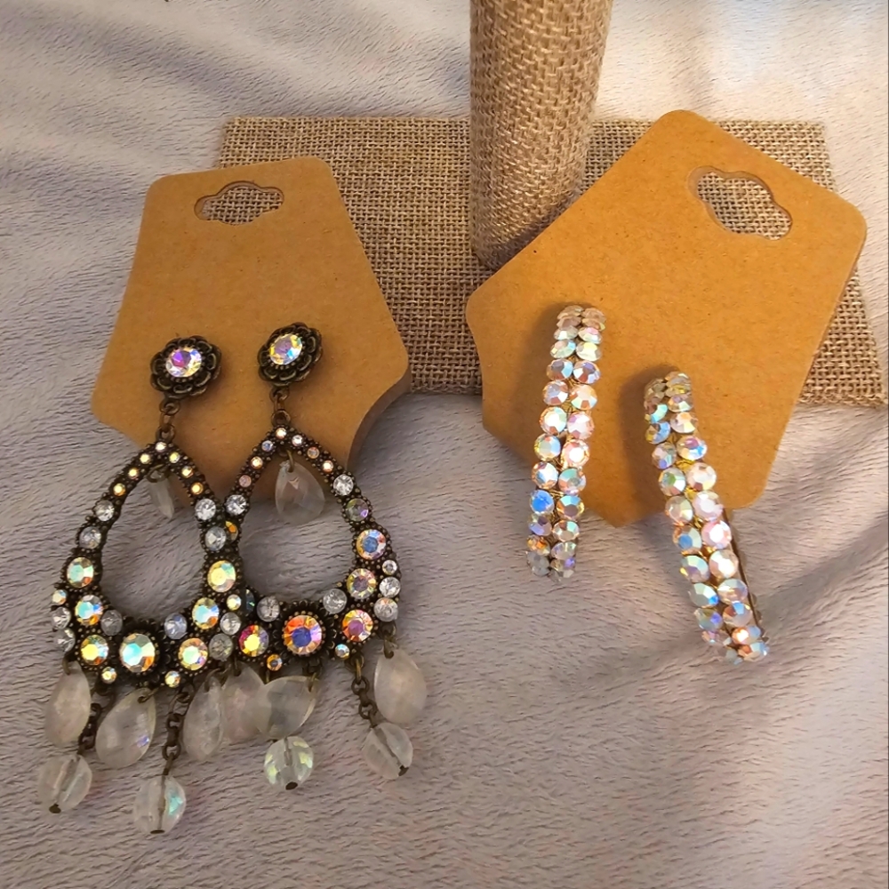 2 Pair Aurora Borealis Rhinestone Earrings